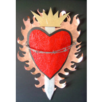 Sacred Heart with hammered copper flames, embossed felt, barbed wire and metal leaf